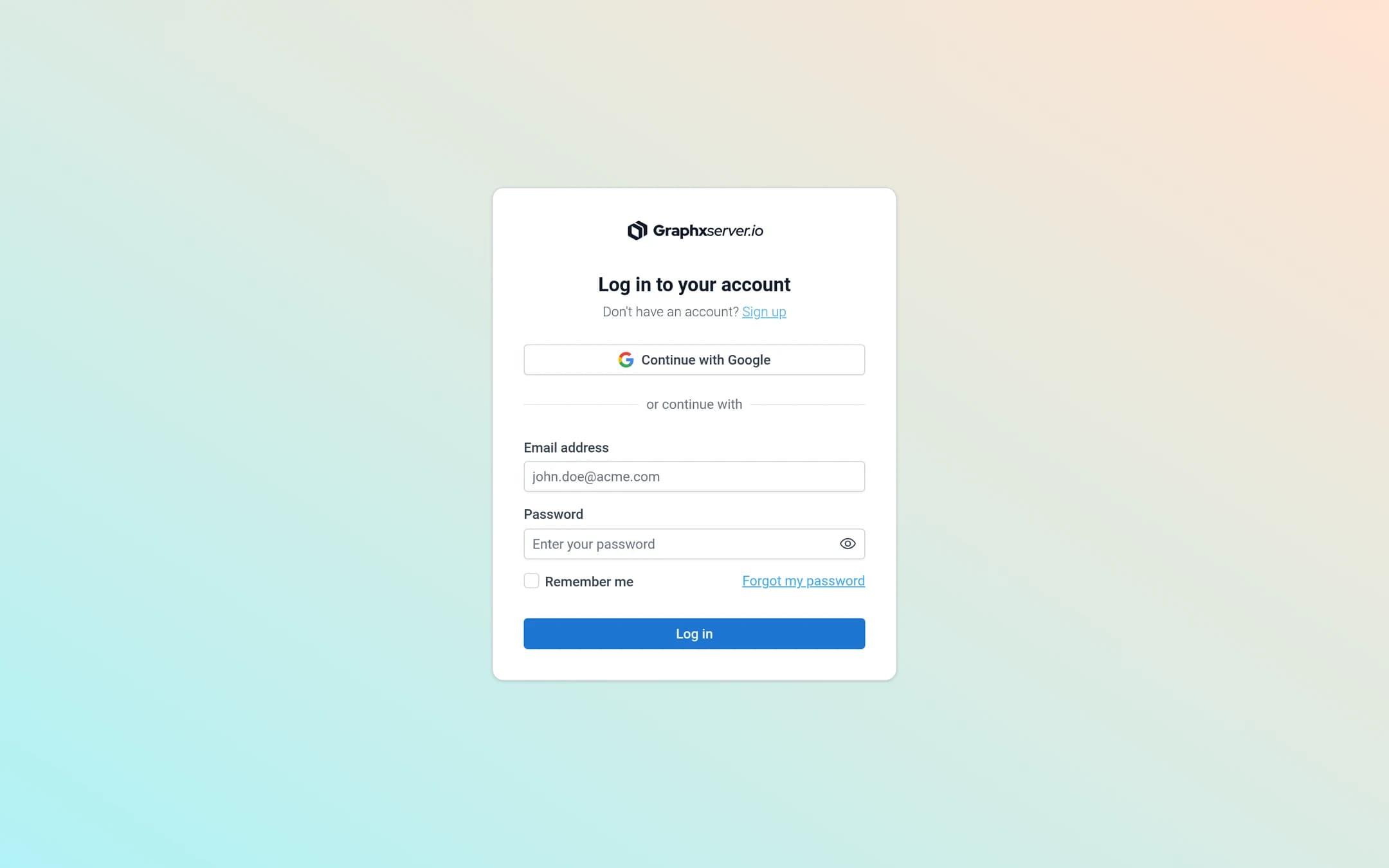 The GraphxServer.io sign-in page with email and password fields