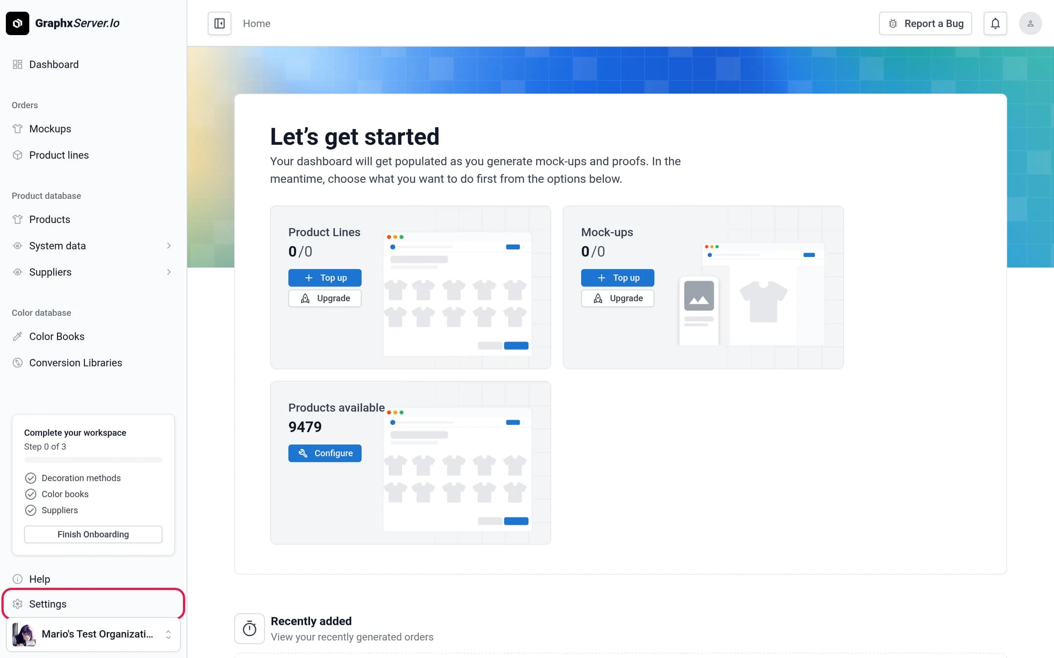 The dashboard with the Settings link outlined in the bottom-left sidebar
