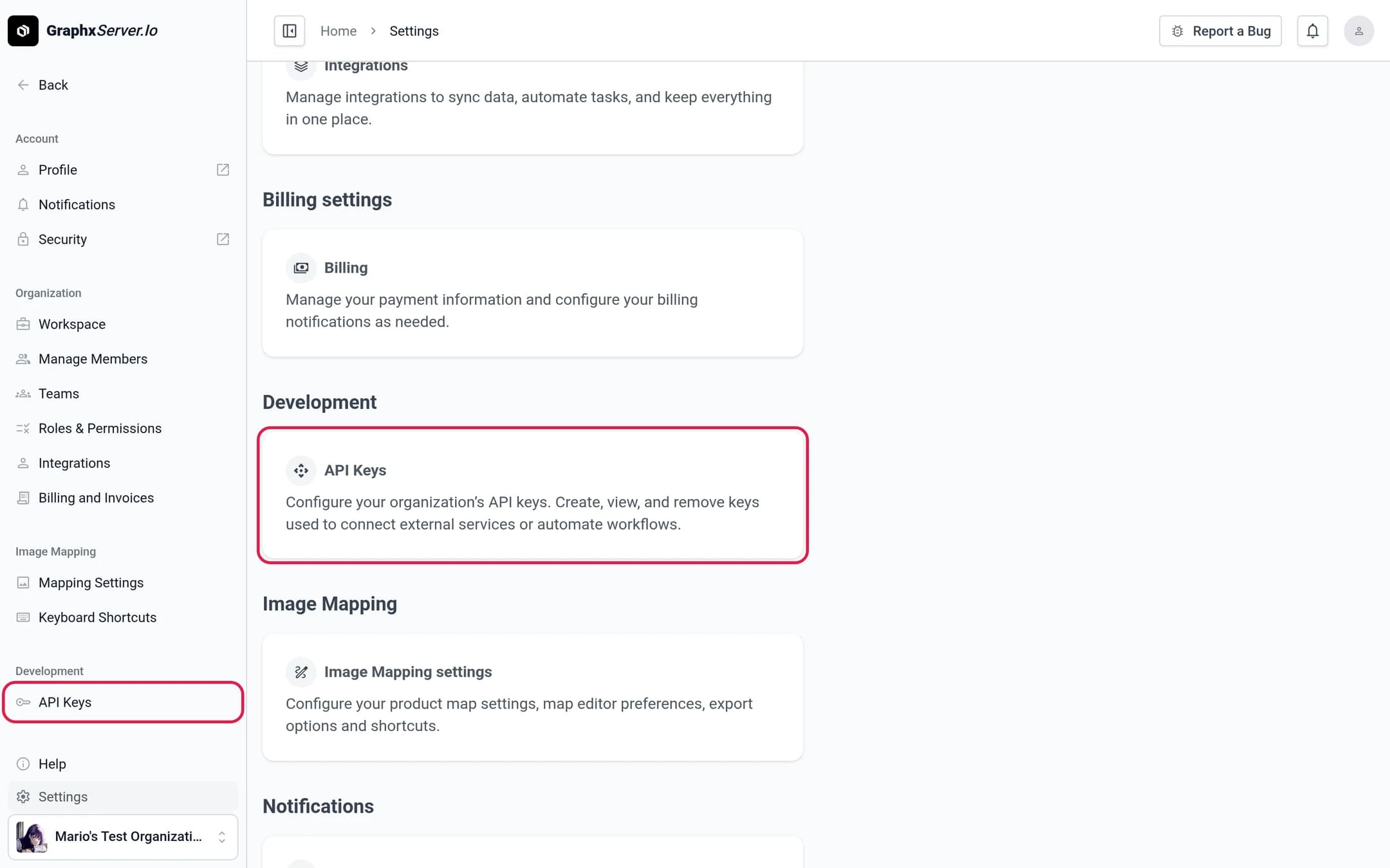 The Settings page with the API Keys card and sidebar link outlined