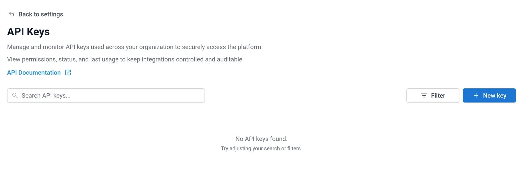 The empty API Keys page with a search box, Filter button and New key button