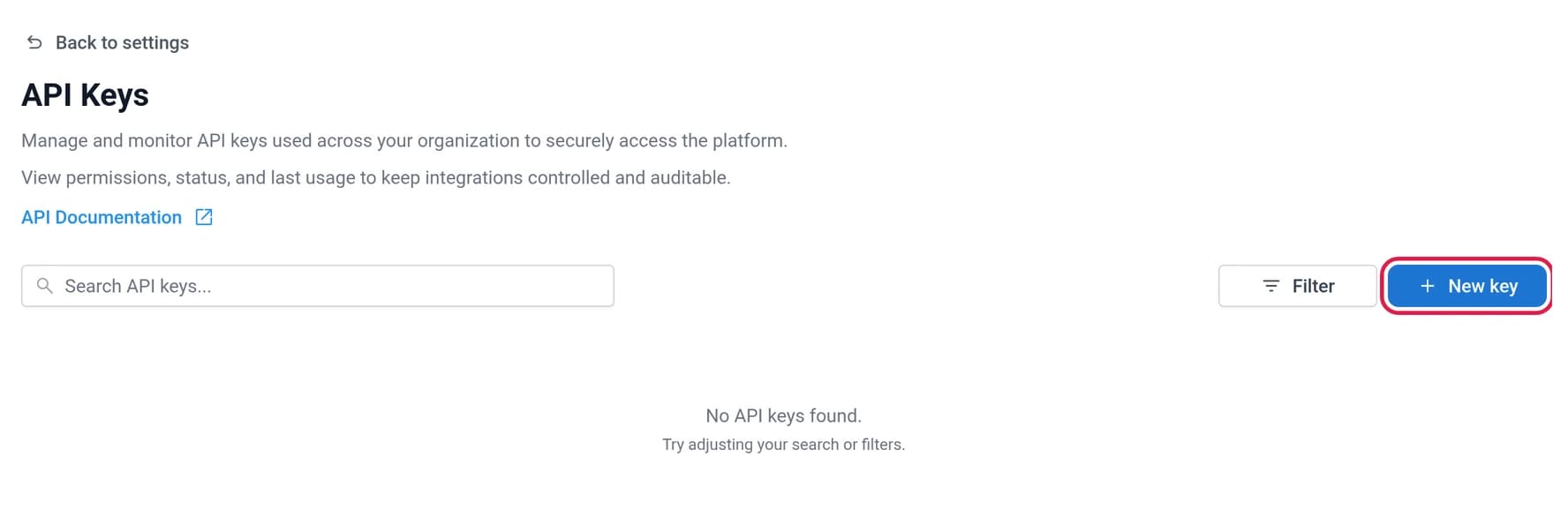 The New key button outlined on the API Keys page