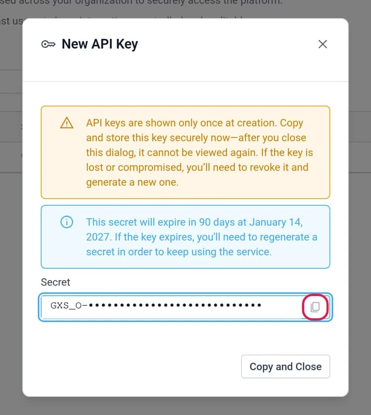 The secret dialog with the copy icon outlined. The secret in this screenshot is masked