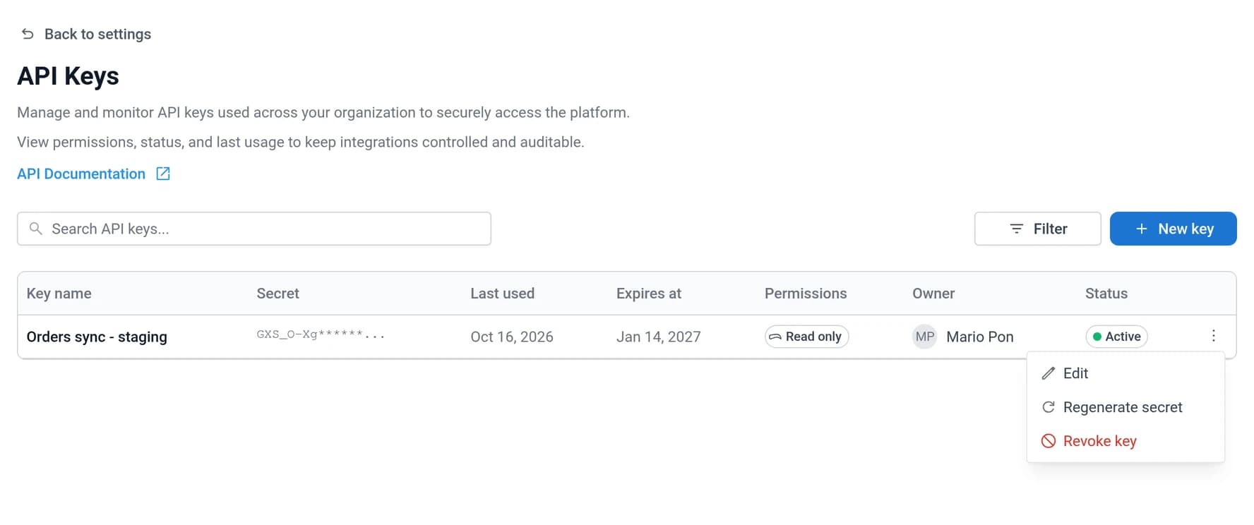 The row menu open with Edit, Regenerate secret and Revoke key