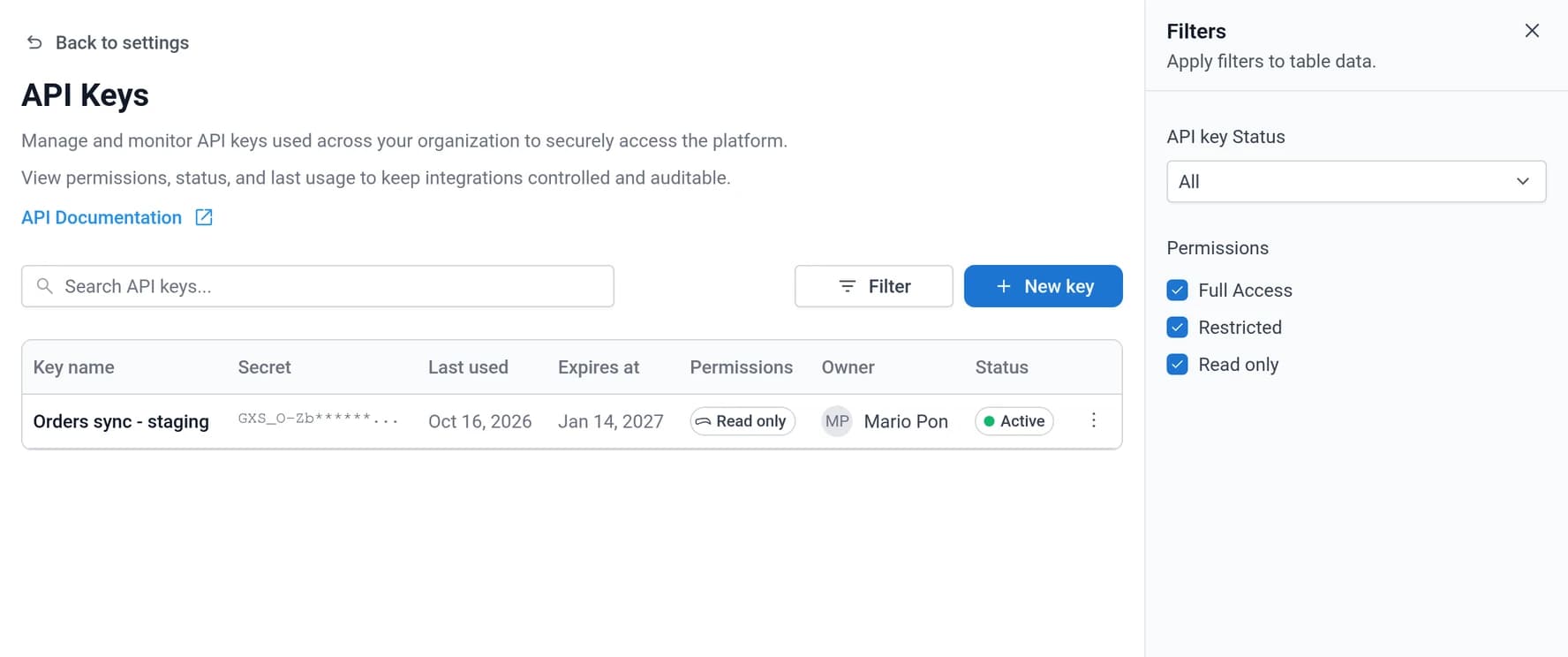 The Filters panel open beside the key list