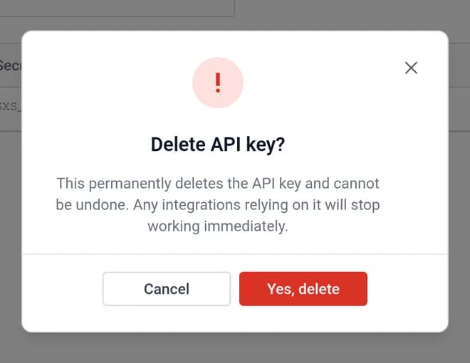 The Delete API key confirmation dialog